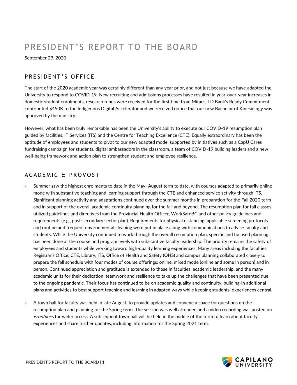 President's Report to the Board