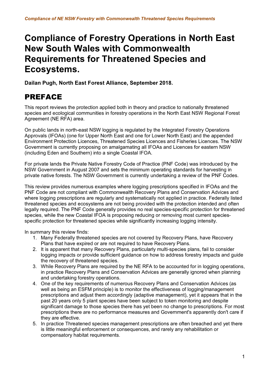 Compliance of Forestry Operations in North East New South Wales with Commonwealth Requirements for Threatened Species and Ecosystems