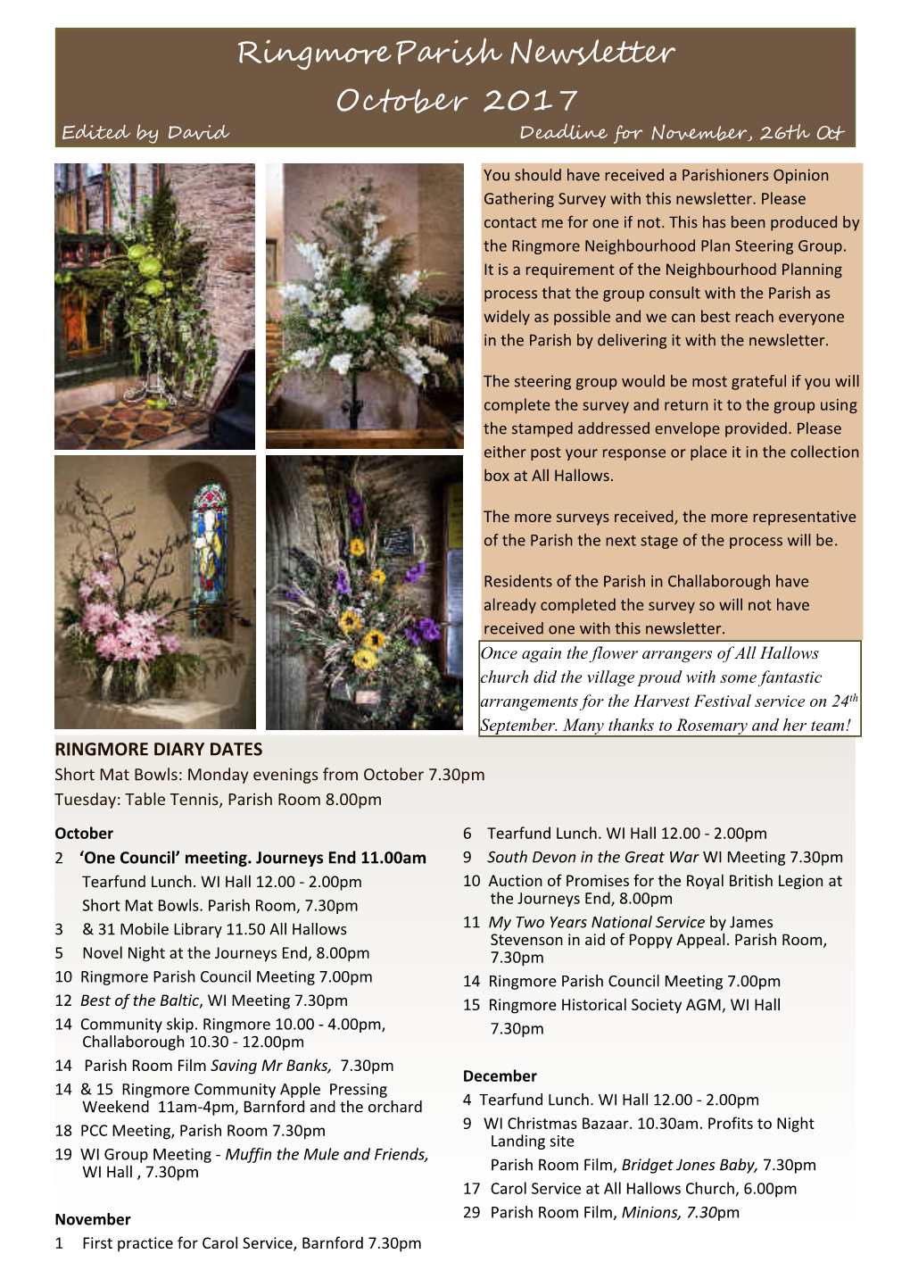 Ringmore Parish Newsletter October 2017 Edited by David Deadline for November, 26Th Oct