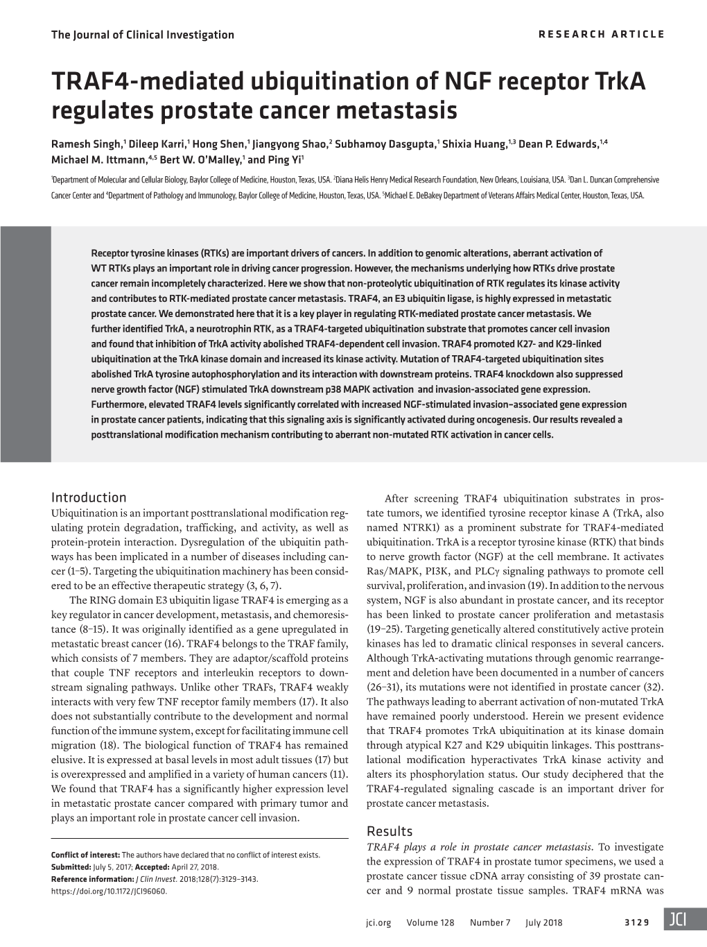 TRAF4-Mediated Ubiquitination of NGF Receptor Trka Regulates Prostate Cancer Metastasis