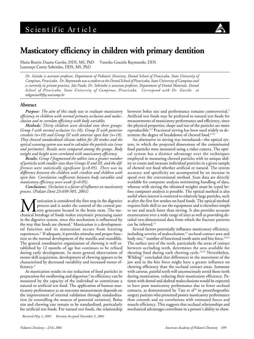 Masticatory Efficiency in Children with Primary Dentition