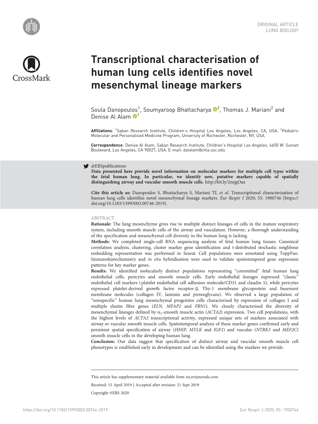 Transcriptional Characterisation of Human Lung Cells Identifies Novel Mesenchymal Lineage Markers