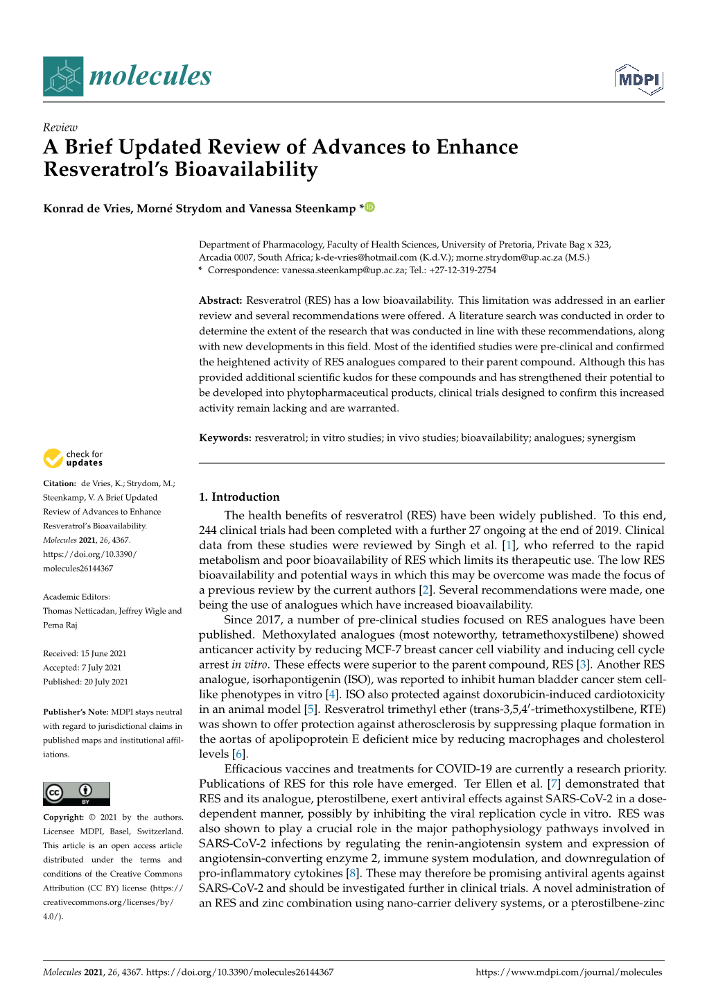 A Brief Updated Review of Advances to Enhance Resveratrol's