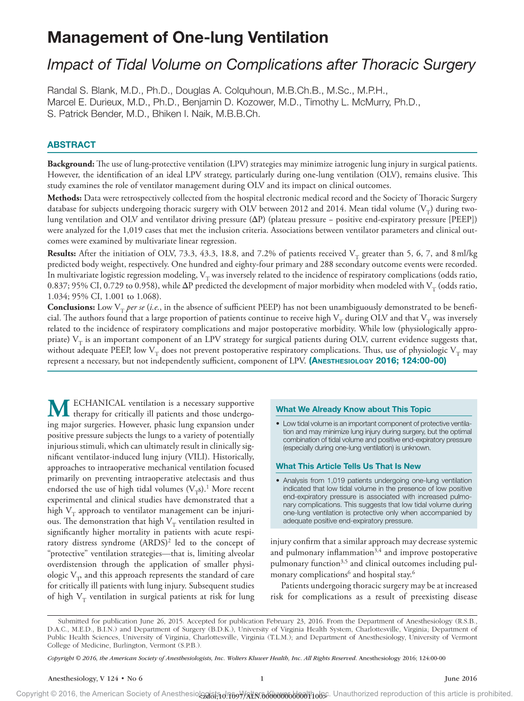 Management of One-Lung Ventilation Impact of Tidal Volume on Complications After Thoracic Surgery