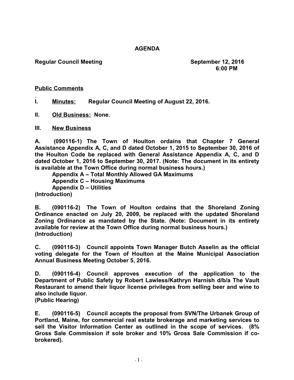 Regular Council Meeting September 12, 2016