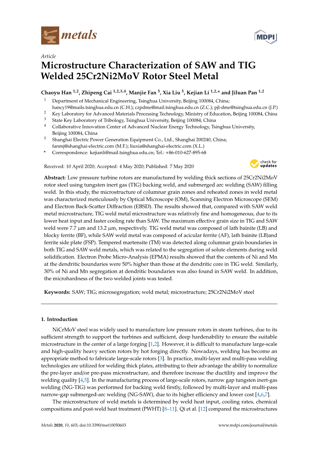 Microstructure Characterization of SAW and TIG Welded 25Cr2ni2mov Rotor Steel Metal