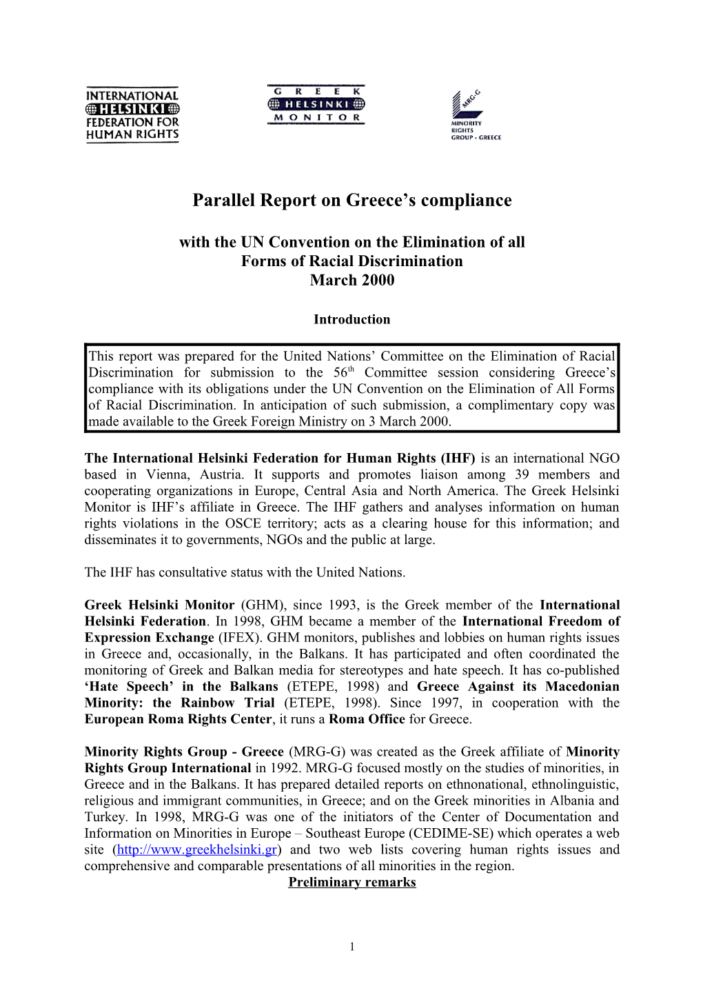 Parallel Report on Greece S Compliance