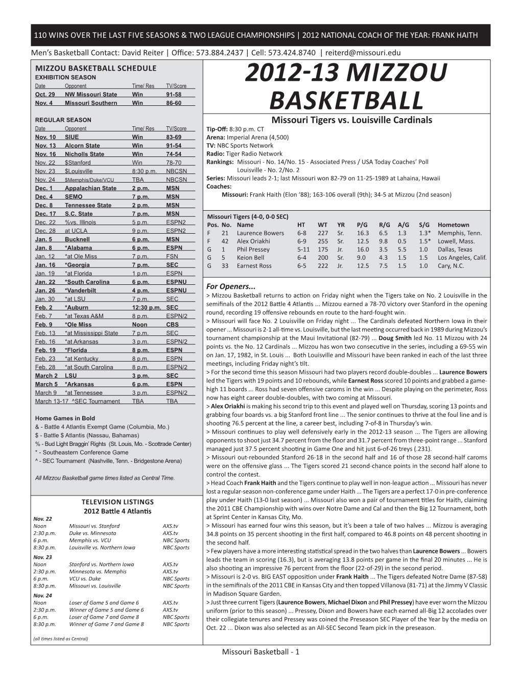 2012-13 MIZZOU BASKETBALL ROSTER No