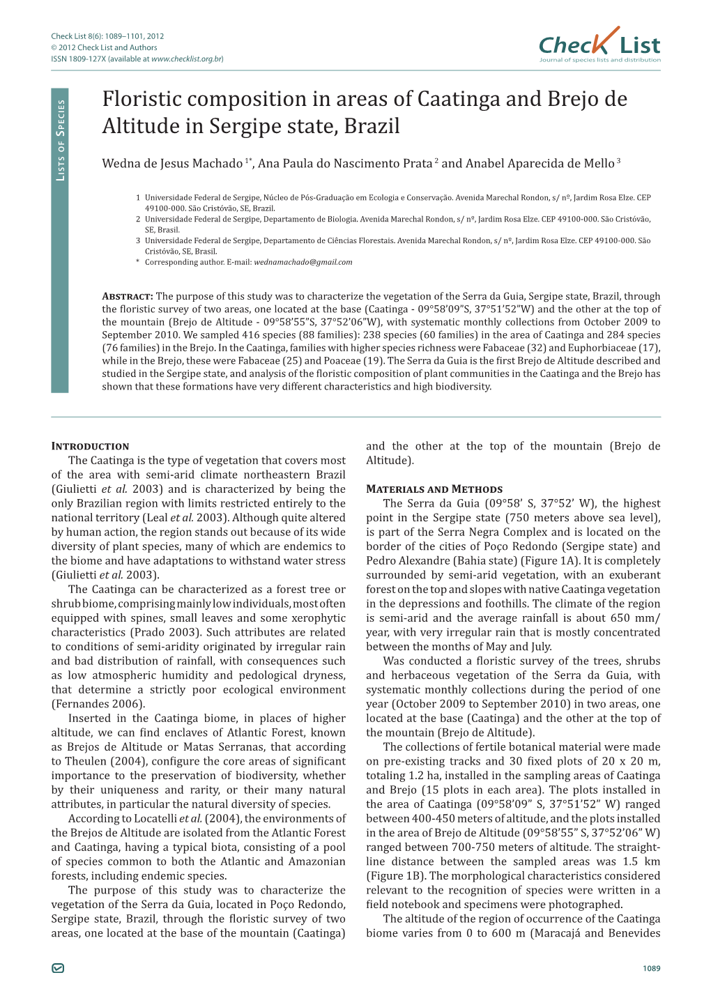 Floristic Composition in Areas of Caatinga and Brejo De Altitude In