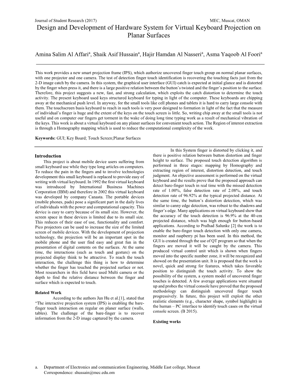 Design and Development of Hardware System for Virtual Keyboard Projection on Planar Surfaces