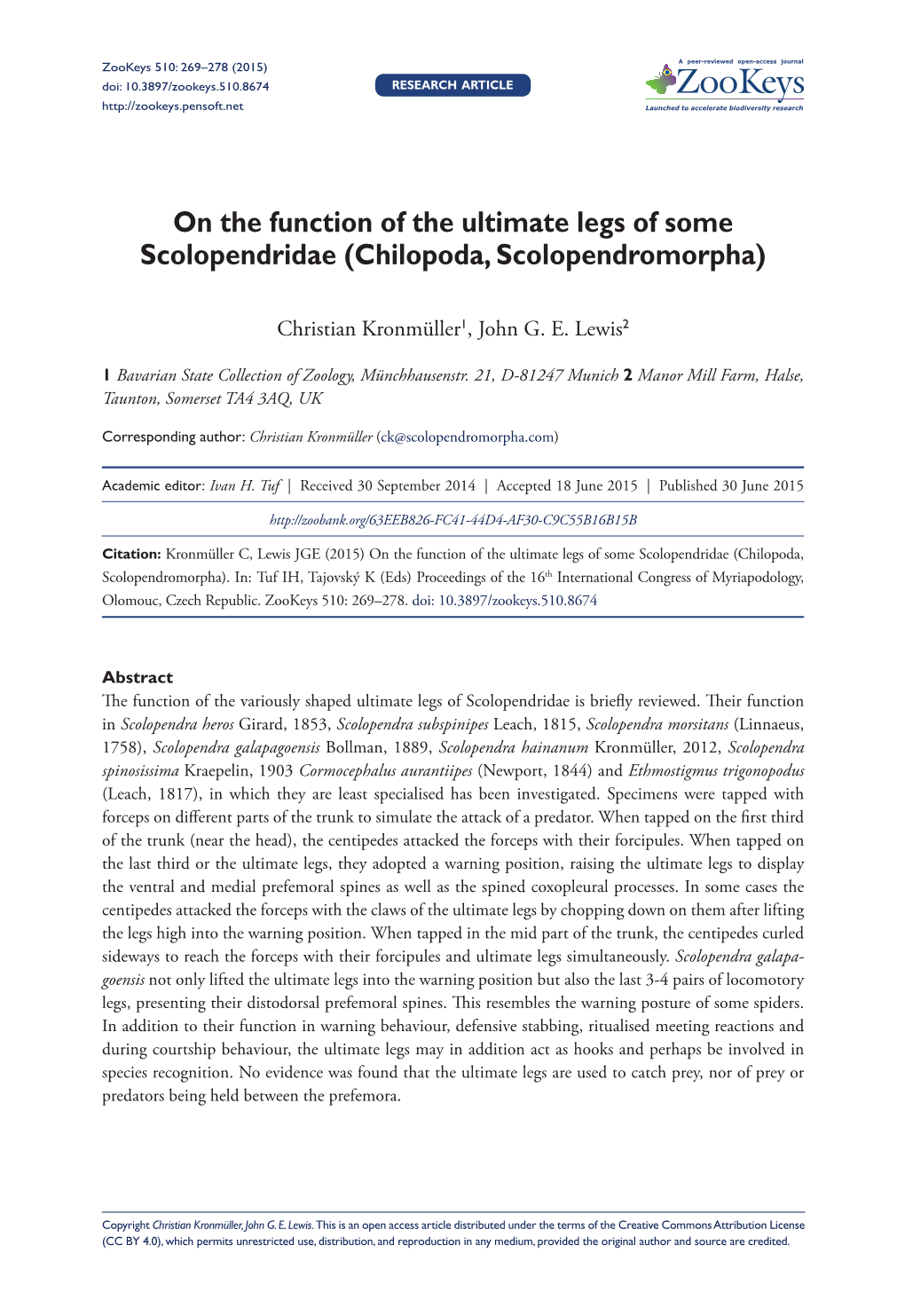 On the Function of the Ultimate Legs of Some Scolopendridae