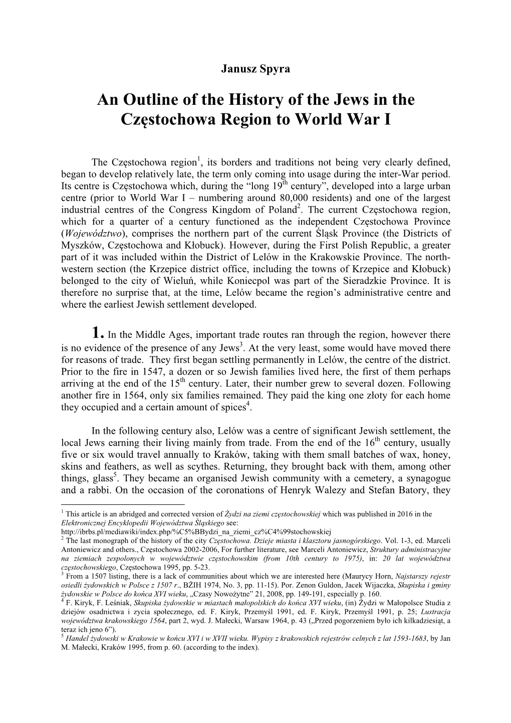 An Outline of the History of the Jews in the Częstochowa Region to World War I