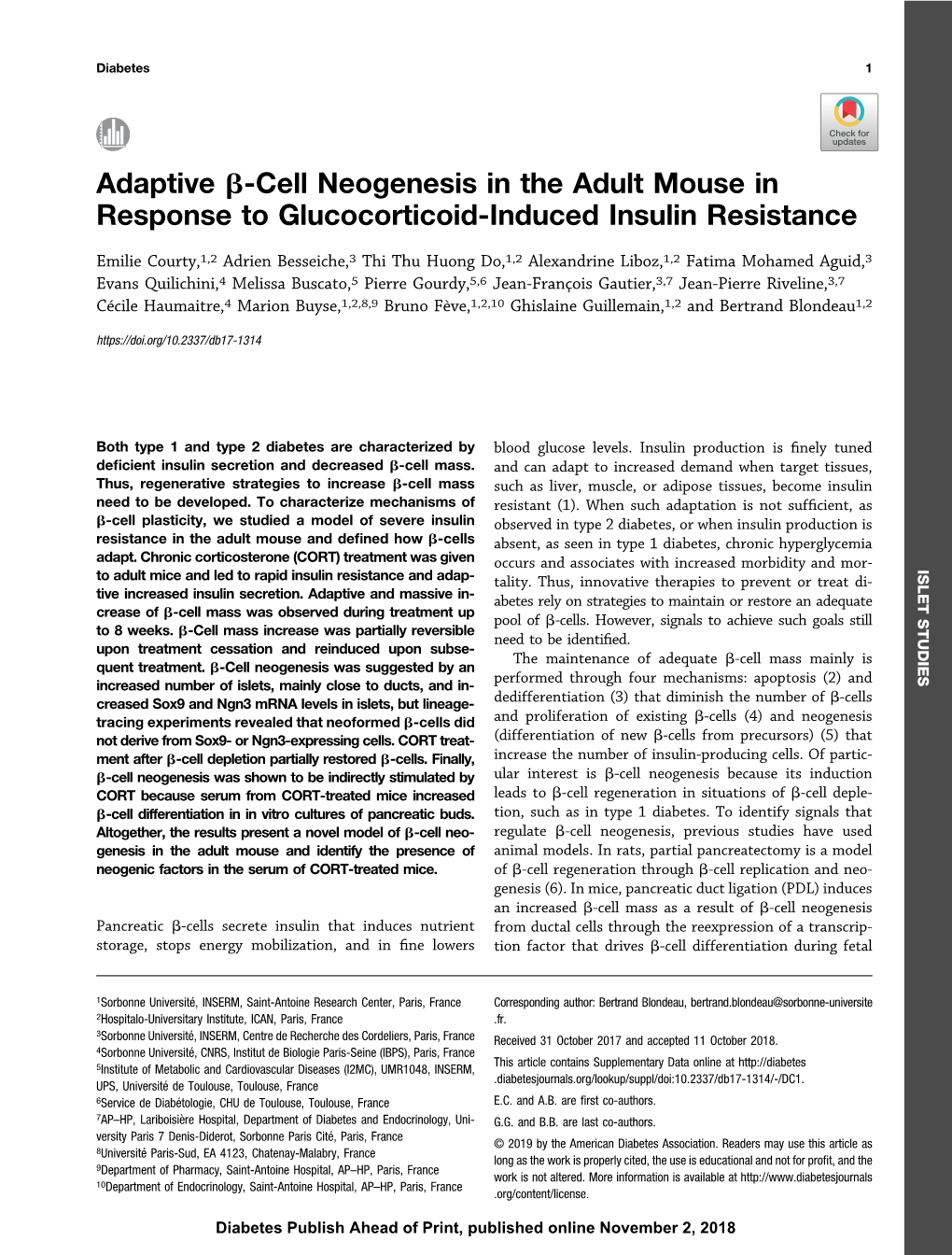 Adaptive Β-Cell Neogenesis in the Adult Mouse in Response to Glucocorticoid-Induced Insulin Resistance