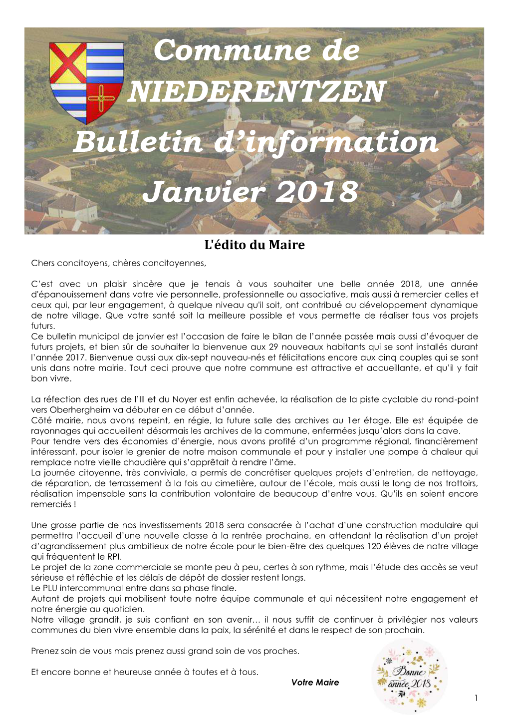 Commune De NIEDERENTZEN Bulletin D'information Janvier 2018