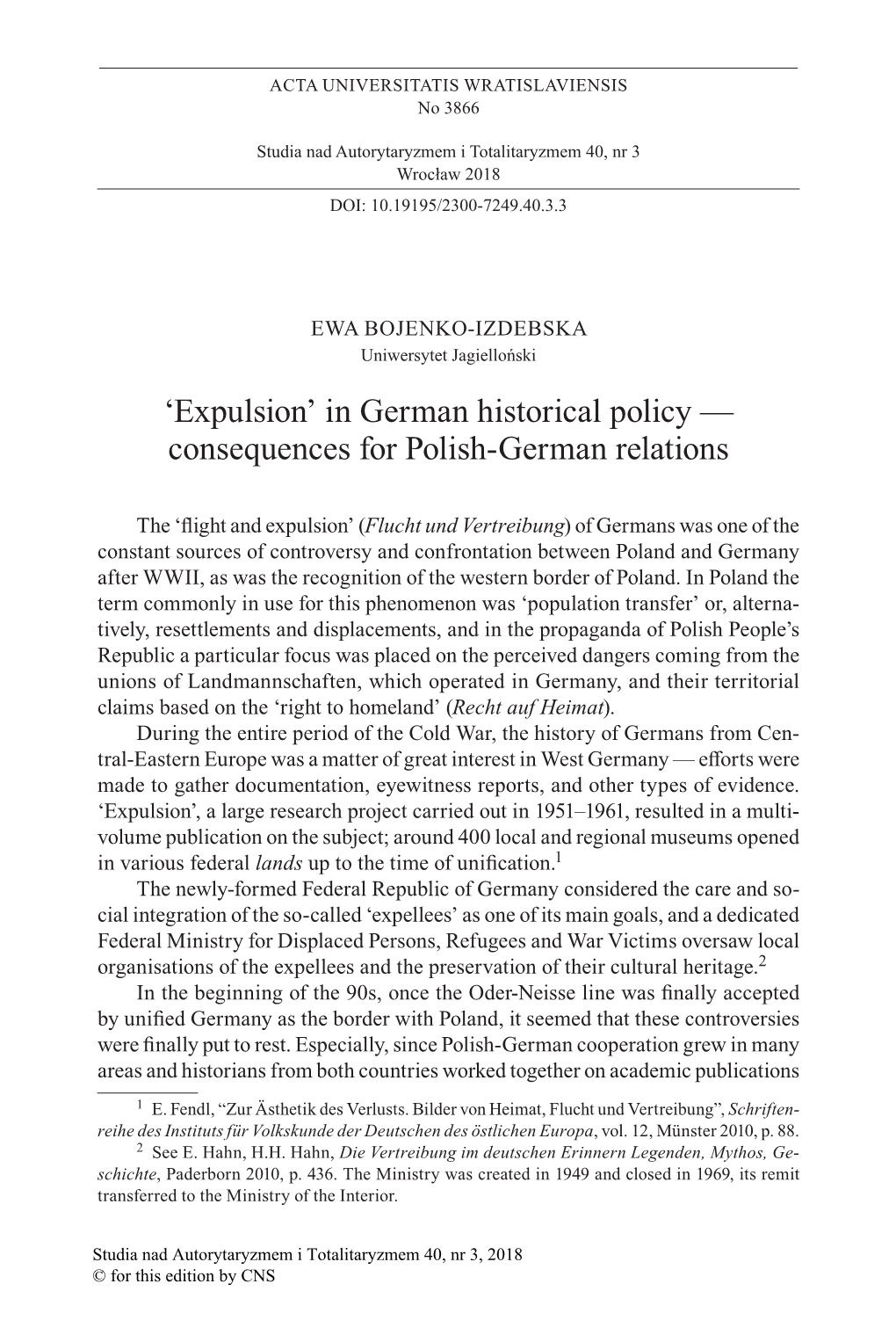 'Expulsion' in German Historical Policy — Consequences for Polish