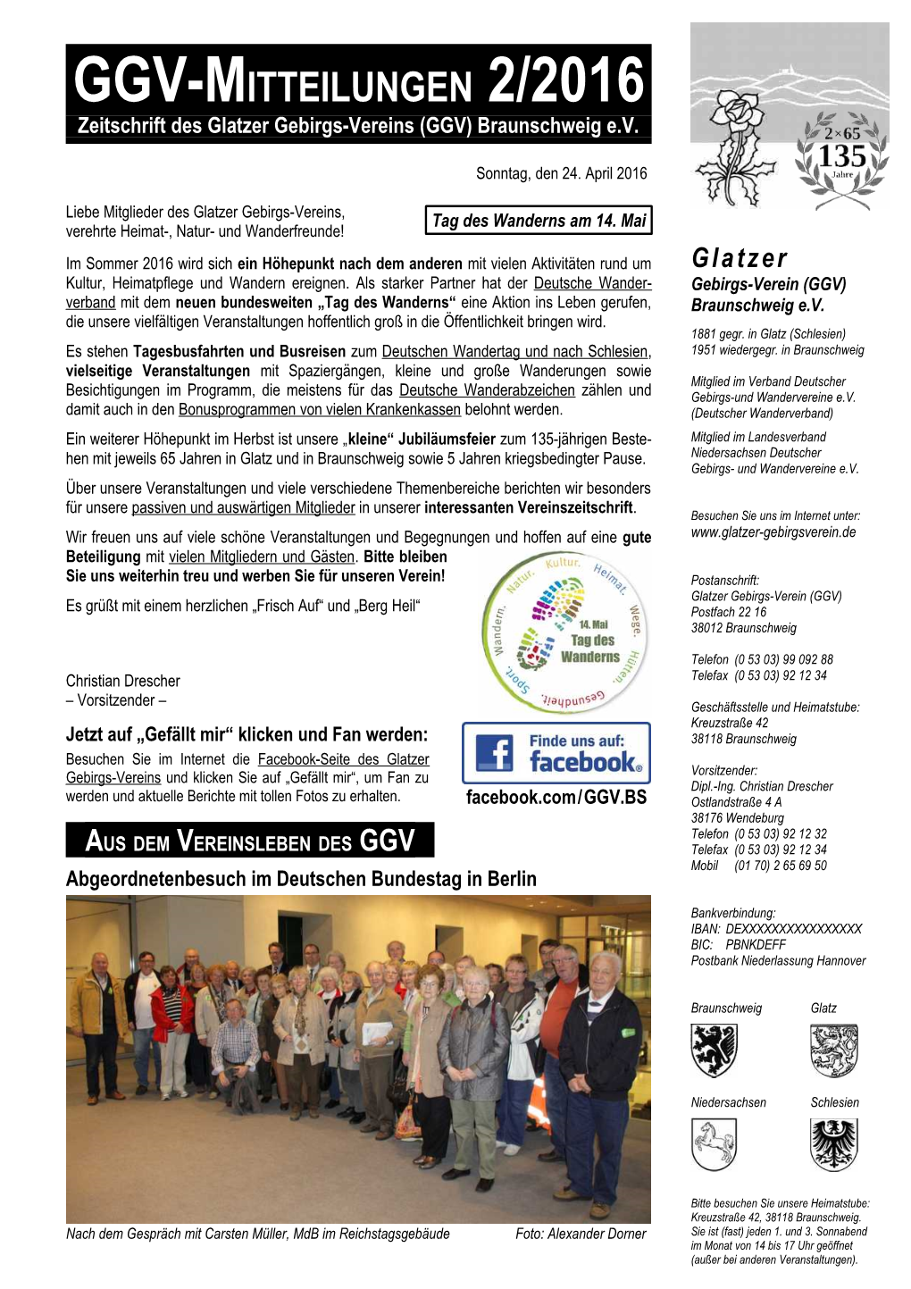 GGV-MITTEILUNGEN 2/2016 Zeitschrift Des Glatzer Gebirgs-Vereins (GGV) Braunschweig E.V