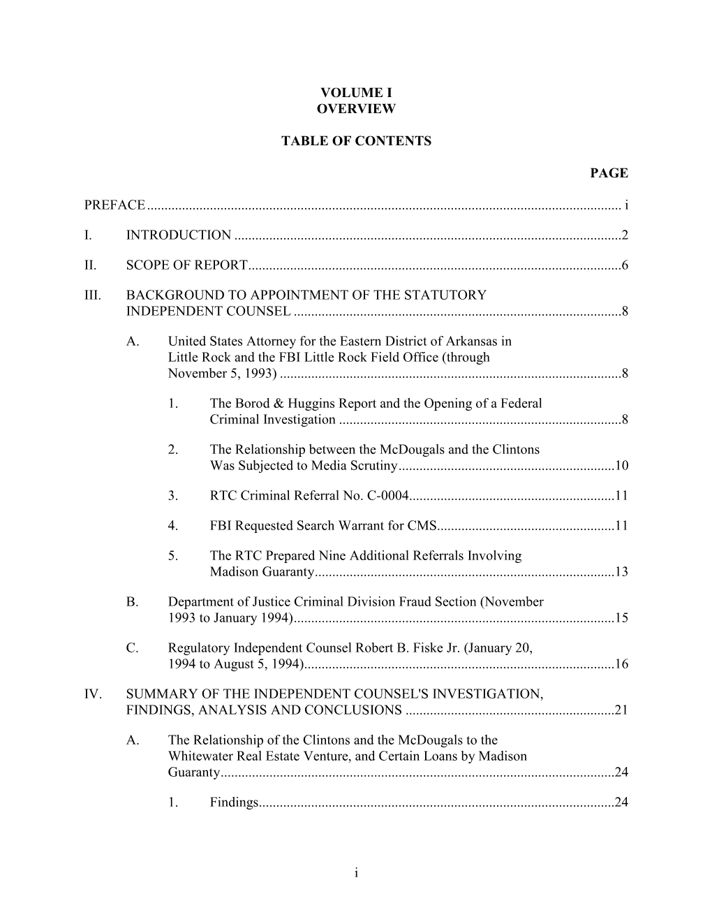 I VOLUME I OVERVIEW TABLE of CONTENTS PAGE PREFACE