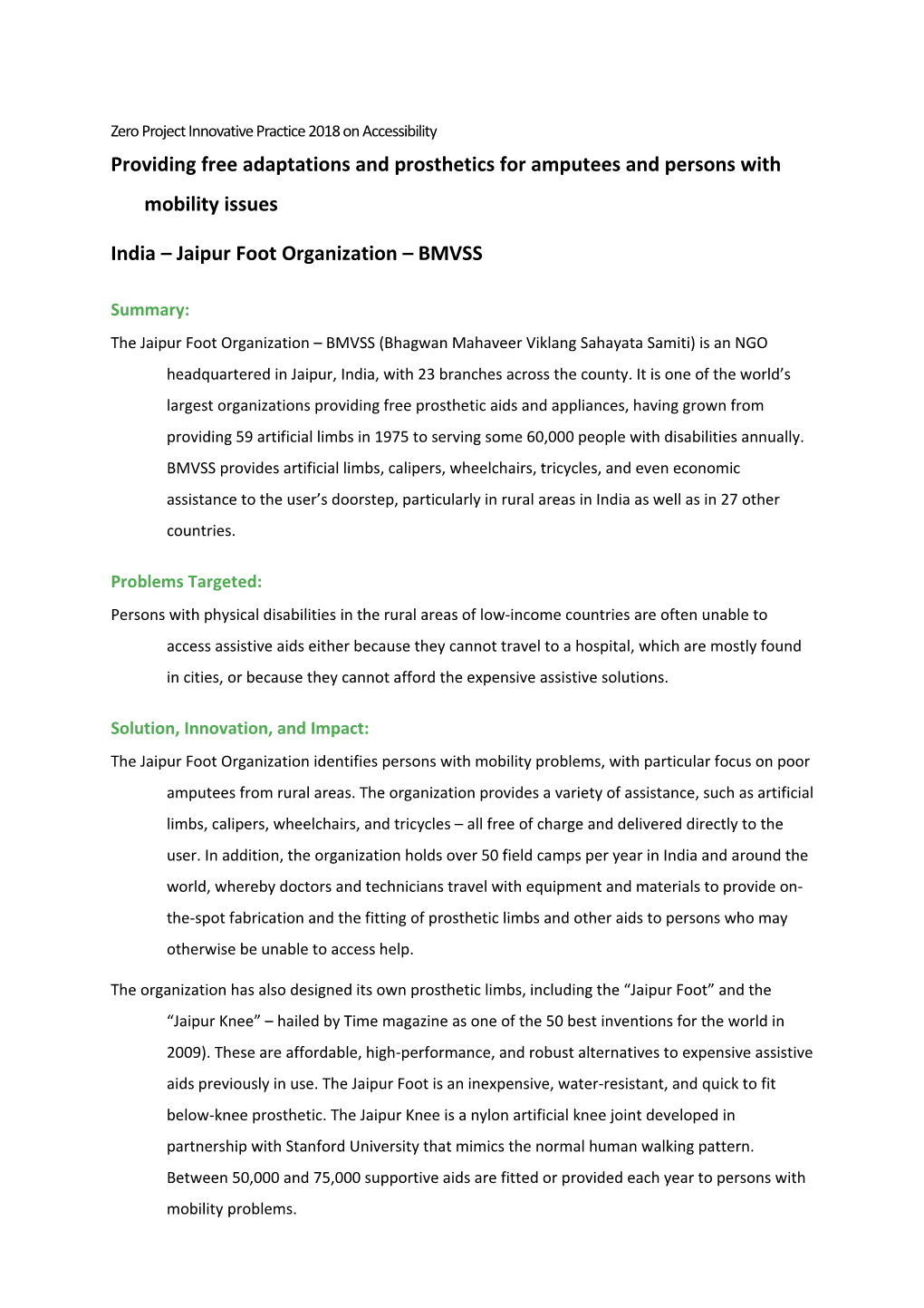 Zero Project Innovative Practice 2018 on Accessibility