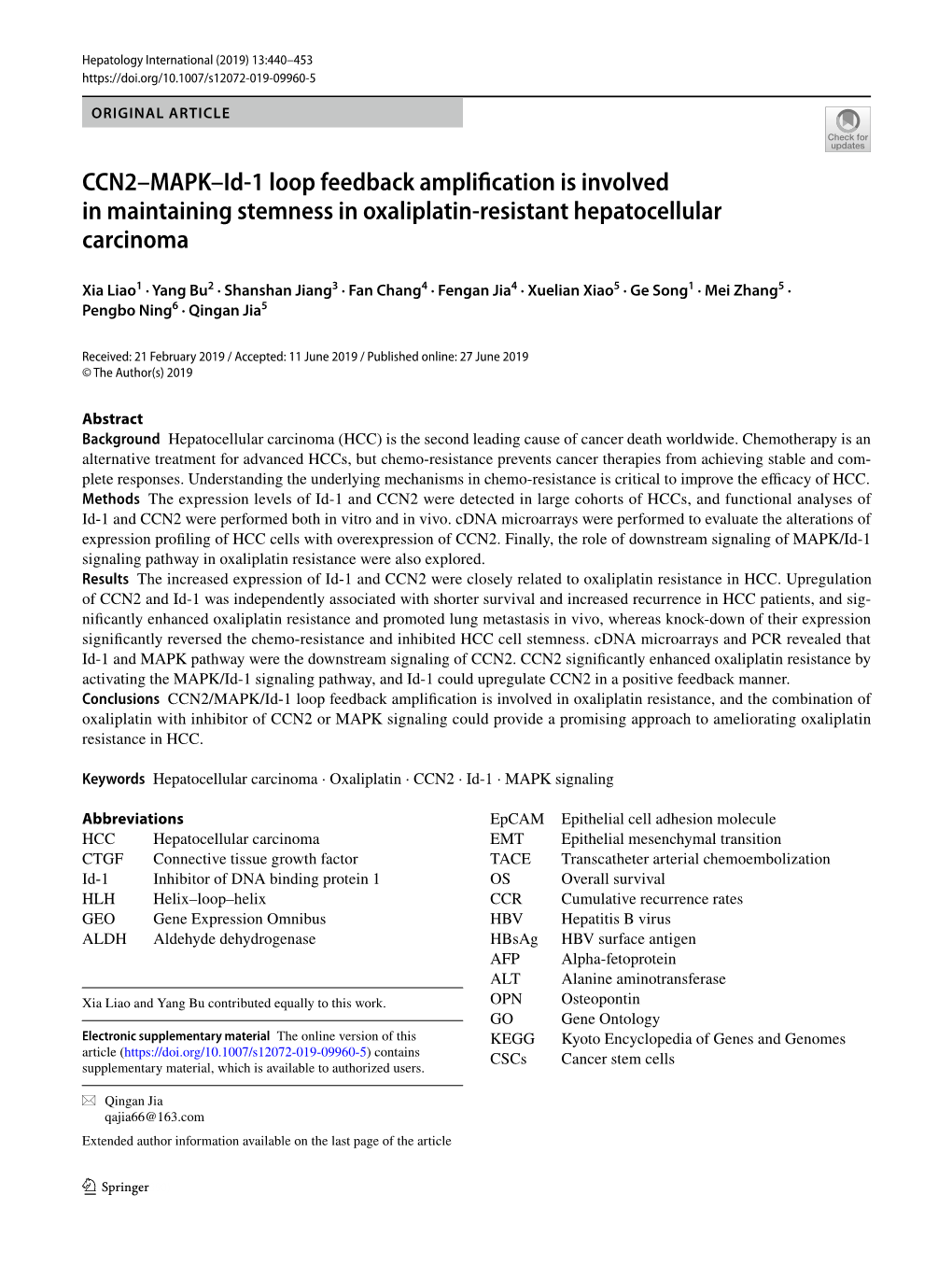 CCN2–MAPK–Id-1 Loop Feedback Amplification Is Involved In