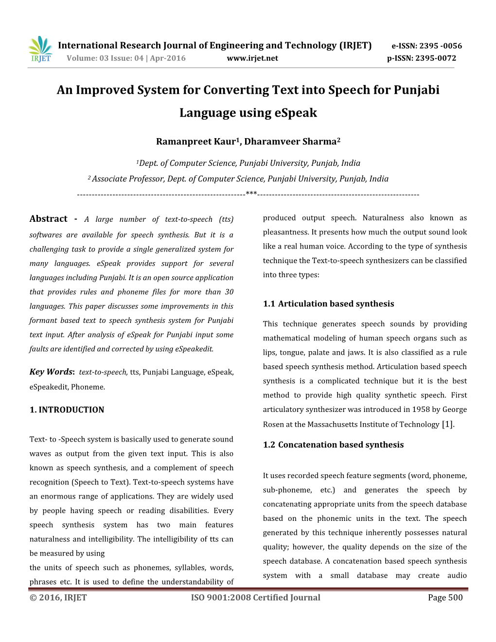 An Improved System for Converting Text Into Speech for Punjabi Language Using Espeak