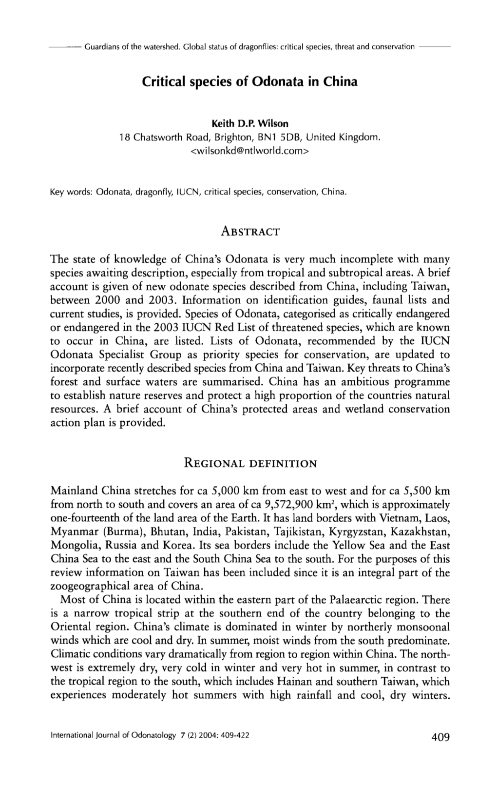 Critical Species of Odonata in China