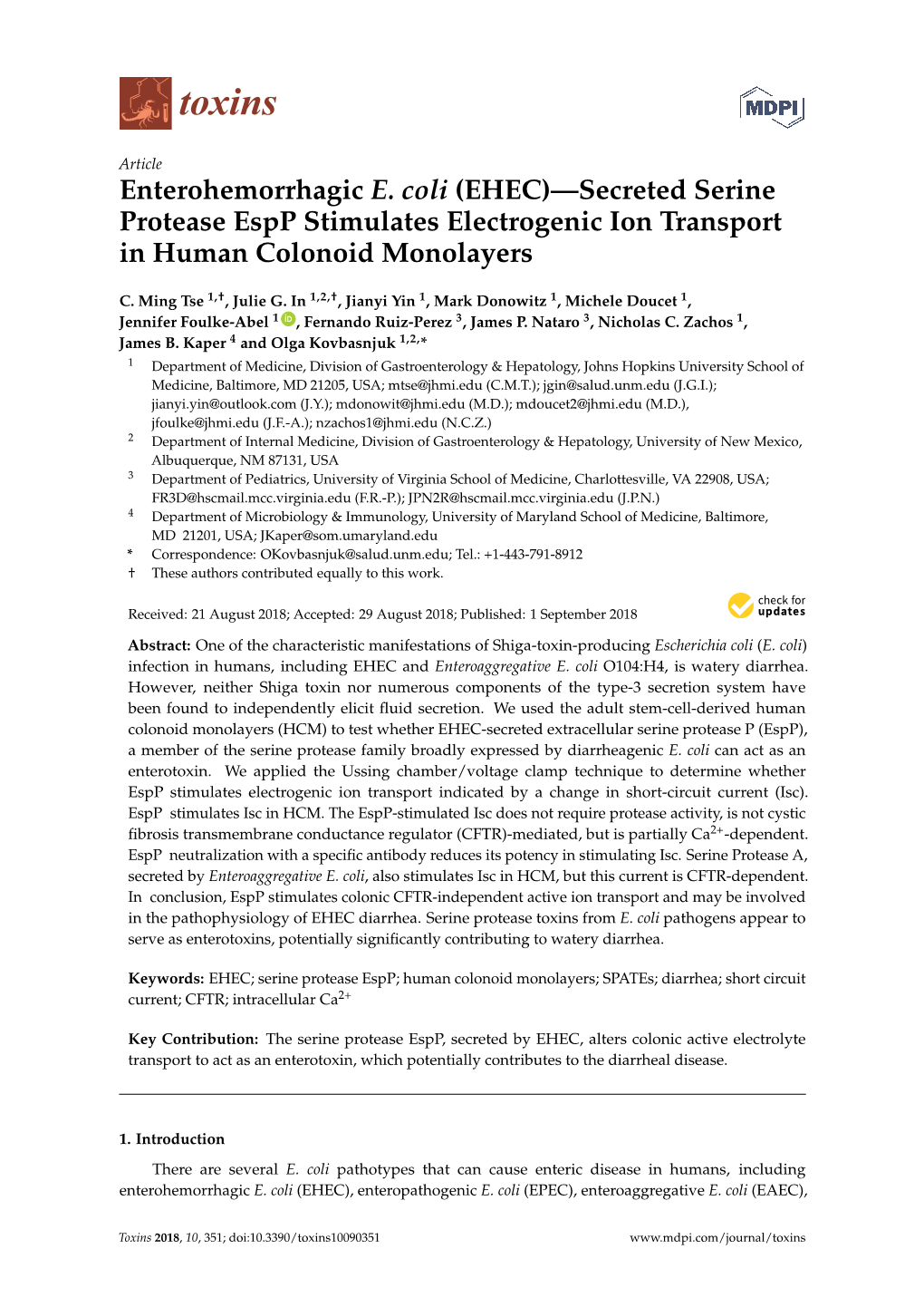 Enterohemorrhagic E. Coli (EHEC)—Secreted Serine Protease Espp Stimulates Electrogenic Ion Transport in Human Colonoid Monolayers