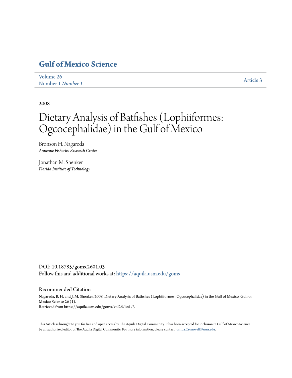 Lophiiformes: Ogcocephalidae) in the Gulf of Mexico Bronson H