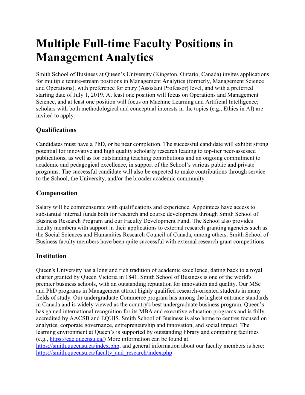 2. Multiple Full-Time Faculty Positions in Management Analytics, Queen's