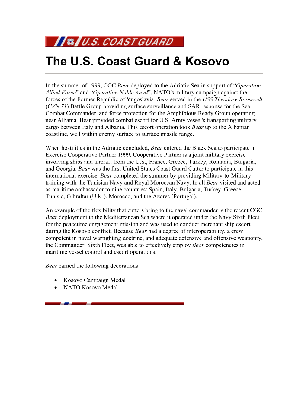 The U.S. Coast Guard & Kosovo