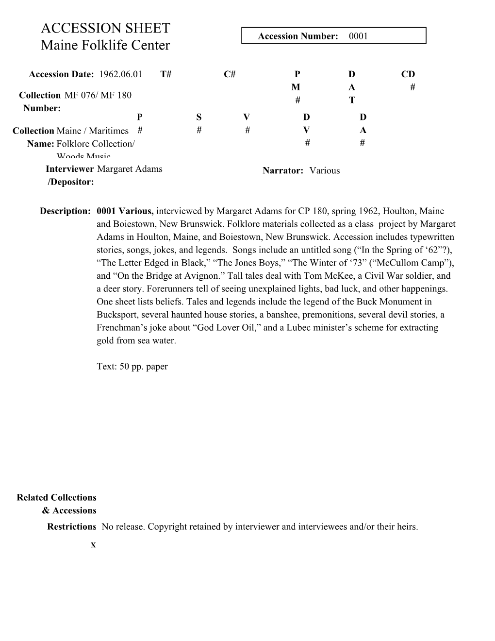 ACCESSION SHEET Maine Folklife Center