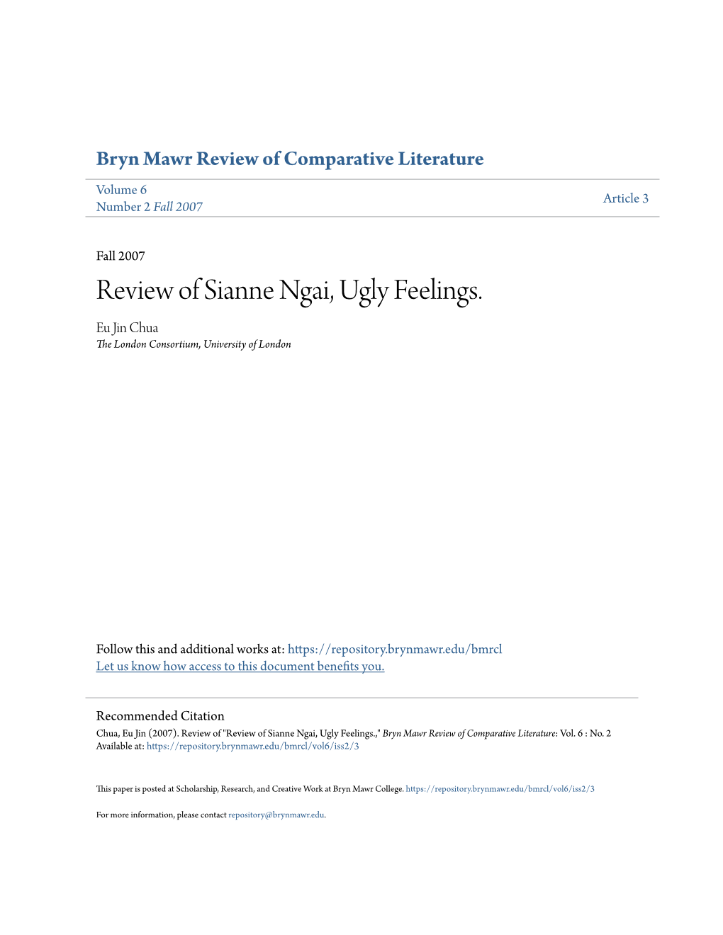 Review of Sianne Ngai, Ugly Feelings. Eu Jin Chua the London Consortium, University of London