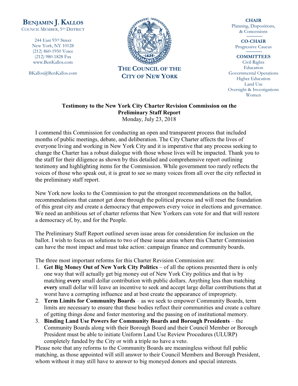 Testimony to the New York City Charter Revision Commission on the Preliminary Staff Report Monday, July 23, 2018