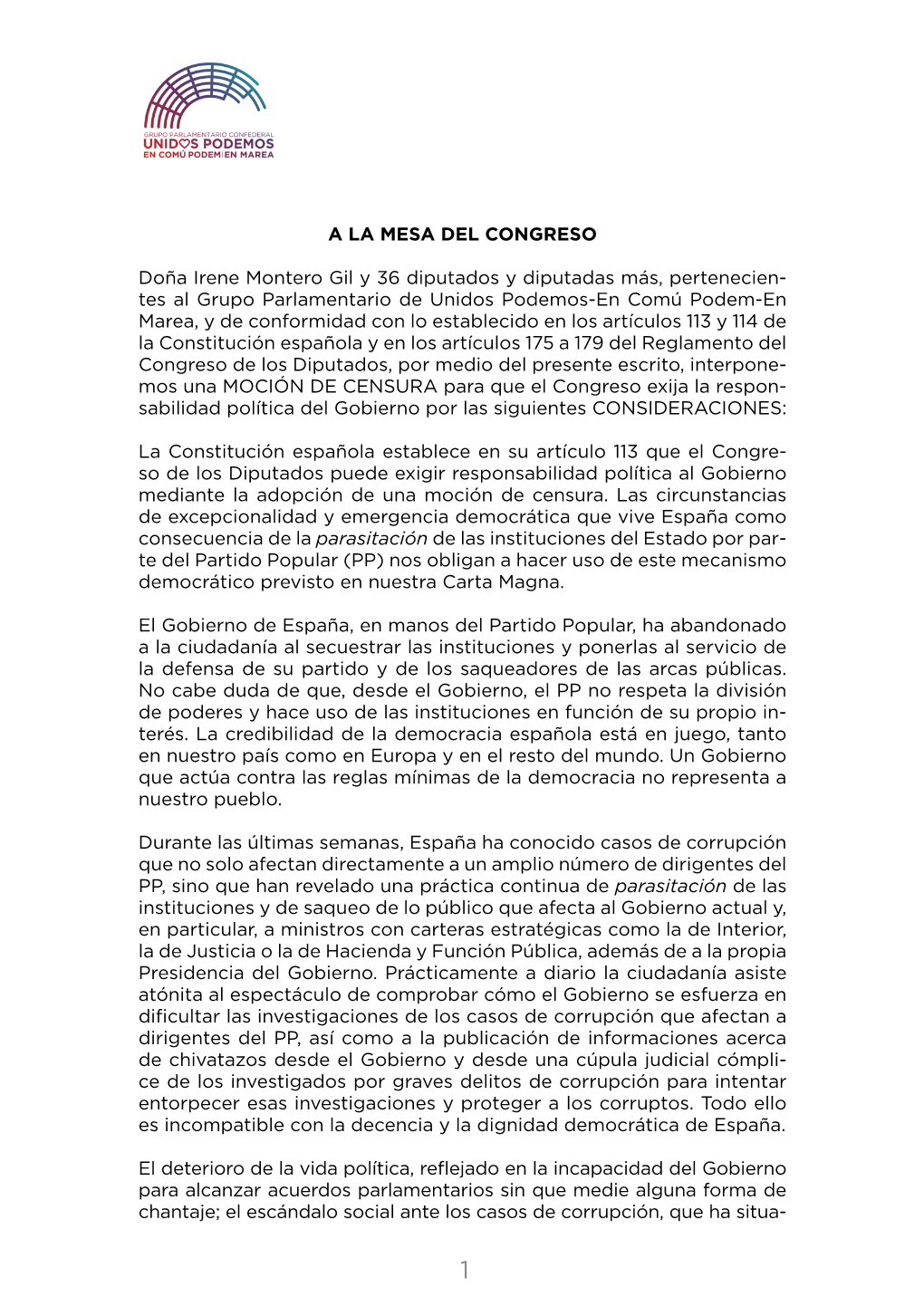 A LA MESA DEL CONGRESO Doña Irene Montero Gil Y 36 Diputados Y