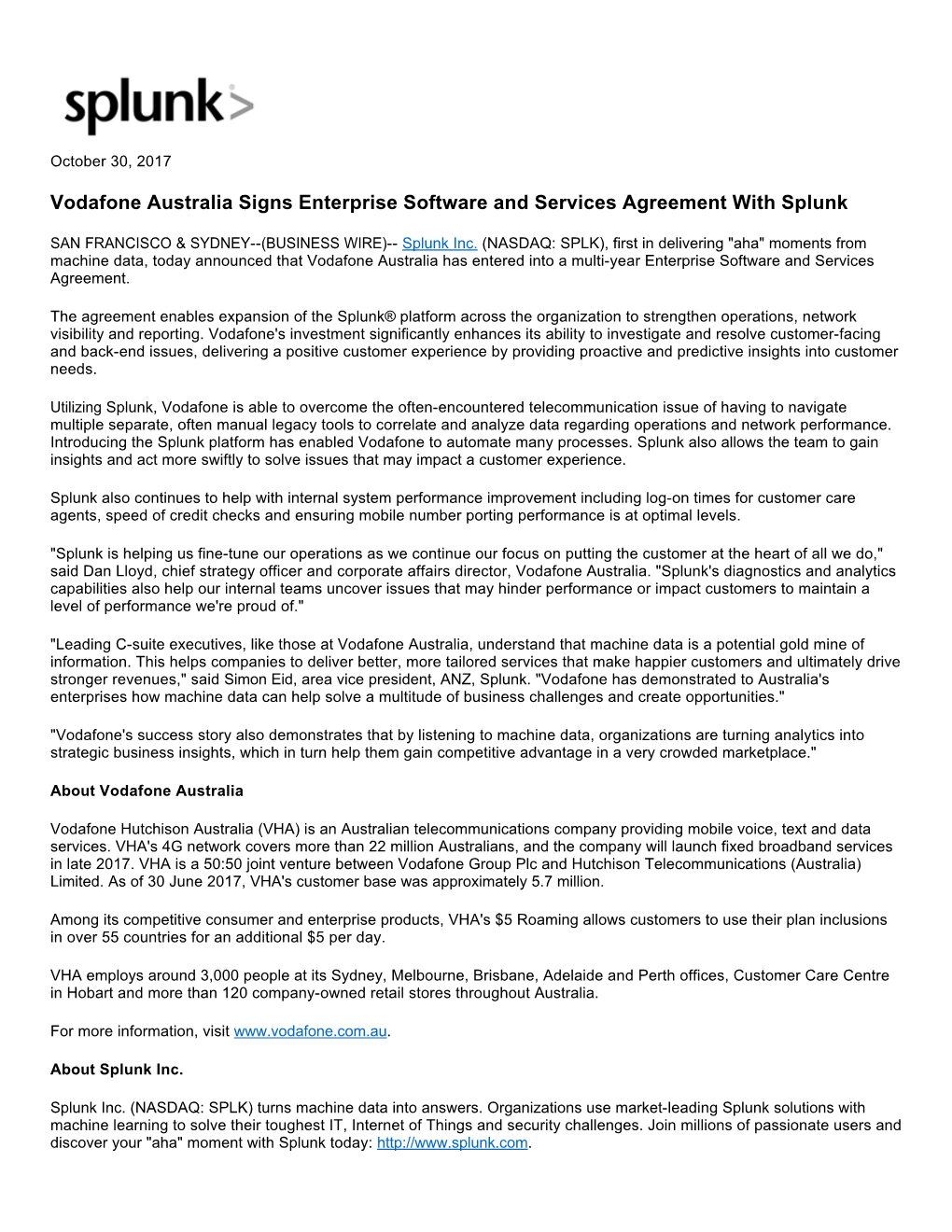 Vodafone Australia Signs Enterprise Software and Services Agreement with Splunk
