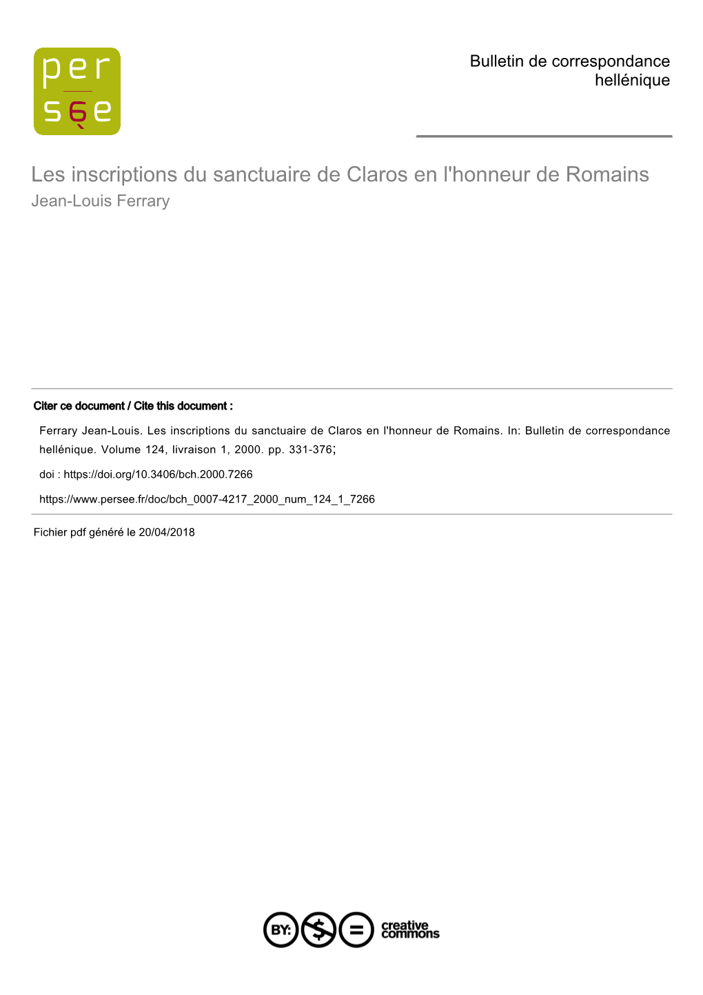 Les Inscriptions Du Sanctuaire De Claros En L'honneur De Romains Jean-Louis Ferrary