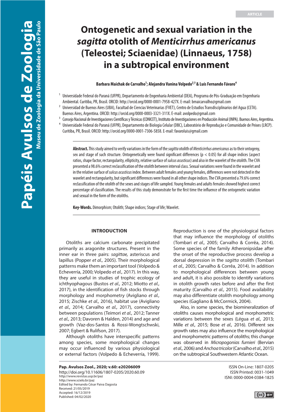 Ontogenetic and Sexual Variation in the Sagitta Otolith of Menticirrhus Americanus (Teleostei; Sciaenidae) (Linnaeus, 1758) in a Subtropical Environment