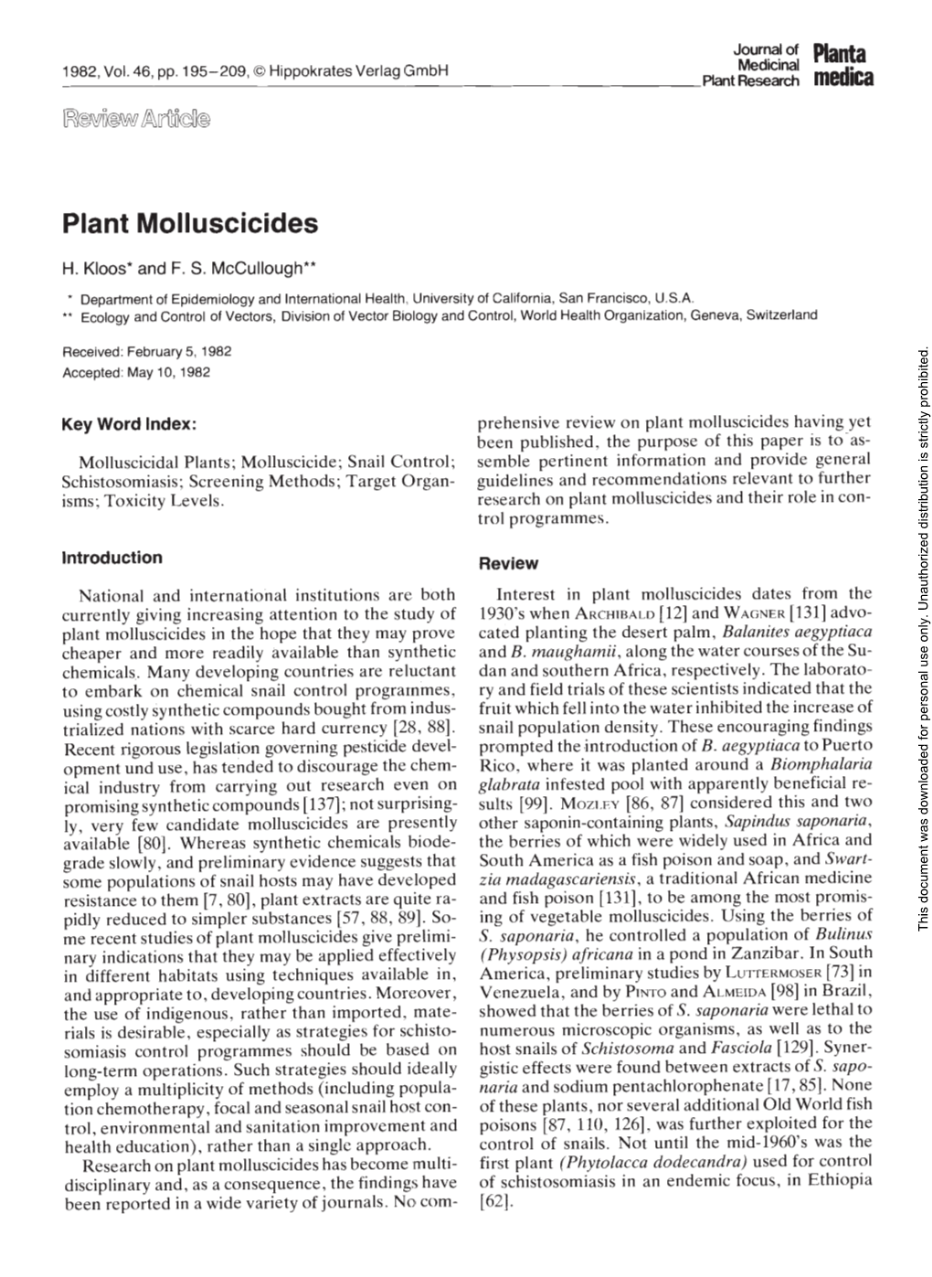 Plant Molluscicides