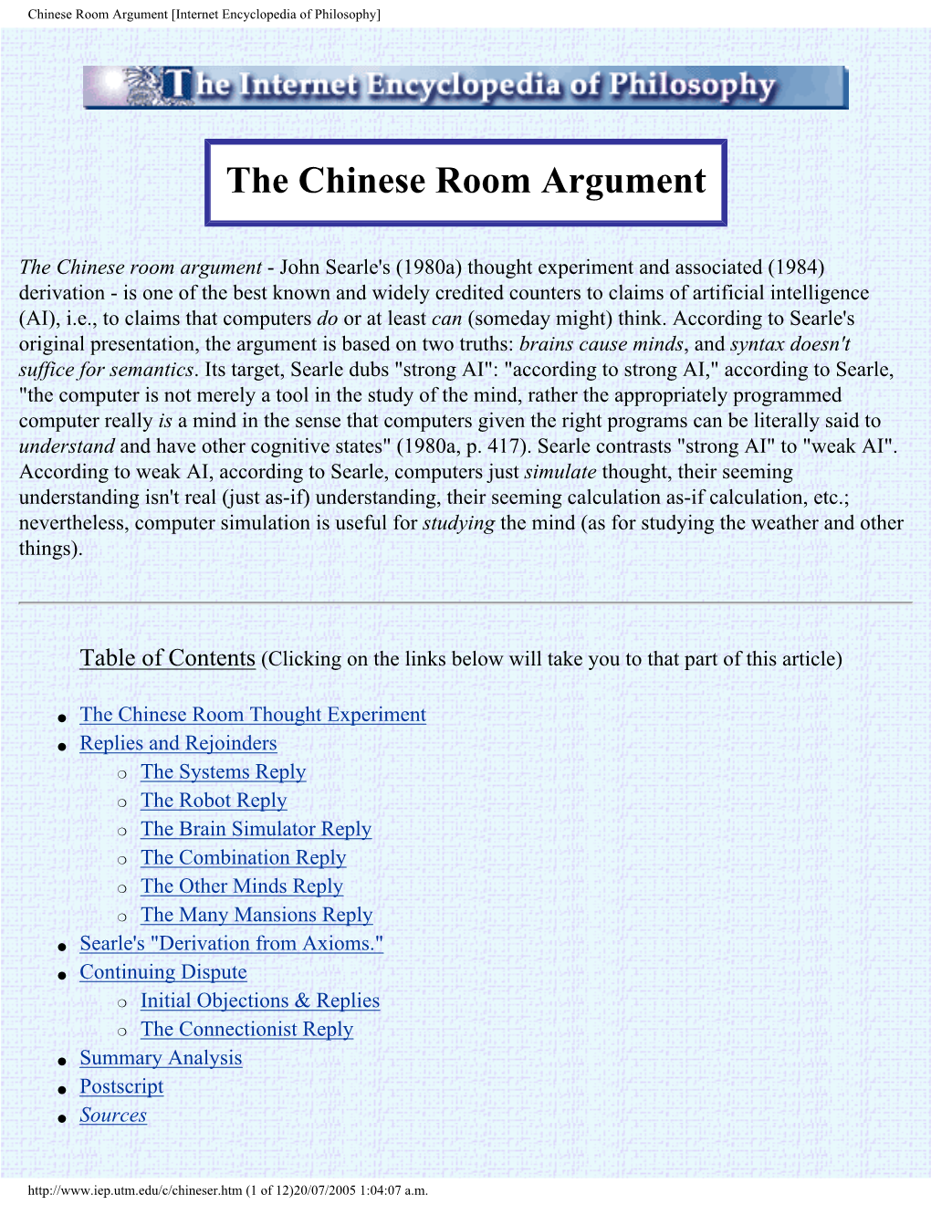 Chinese Room Argument [Internet Encyclopedia of Philosophy]