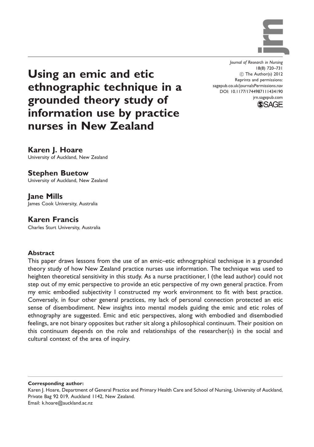 Using an Emic and Etic Ethnographic Technique in a Grounded Theory Study of Information Use by Practice Nurses in New Zealand