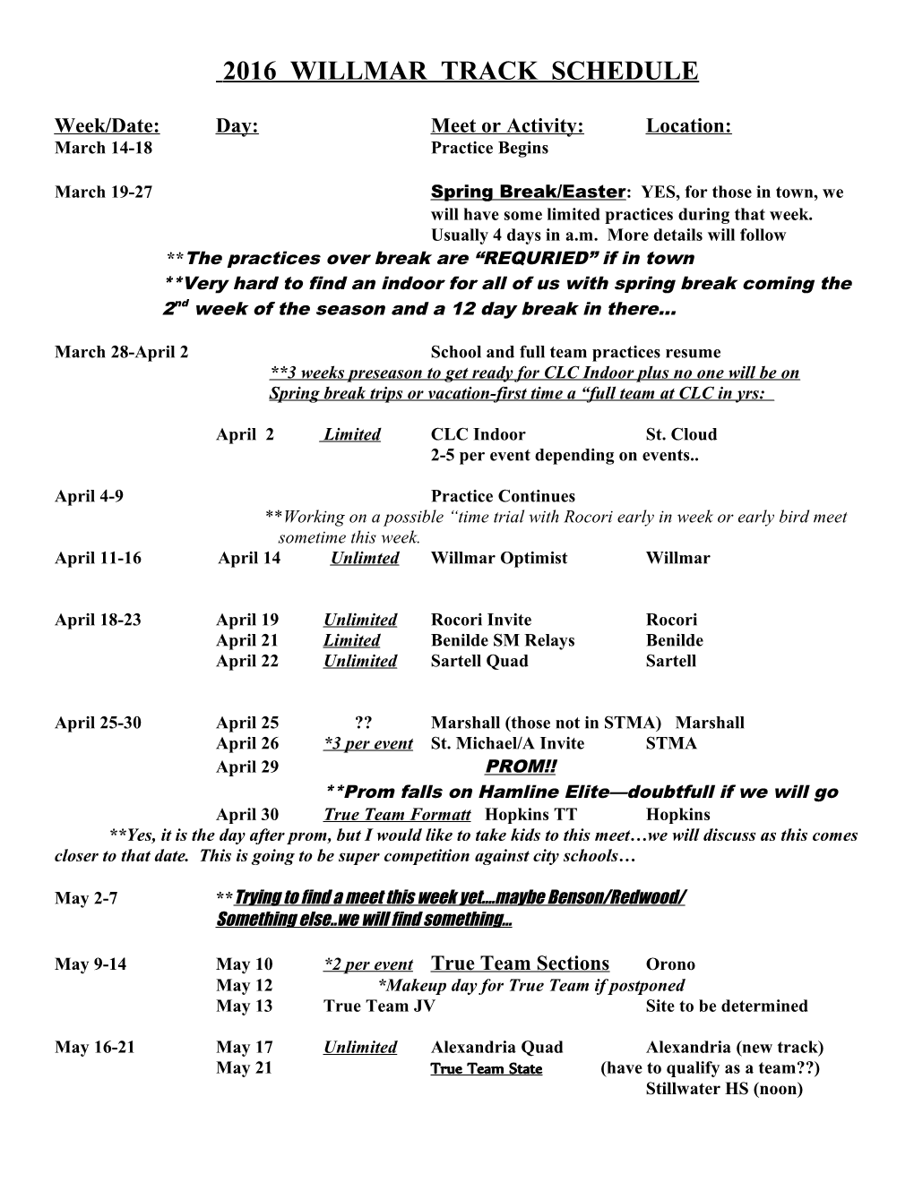 Week/Date: Day: Meet Or Activity: Location