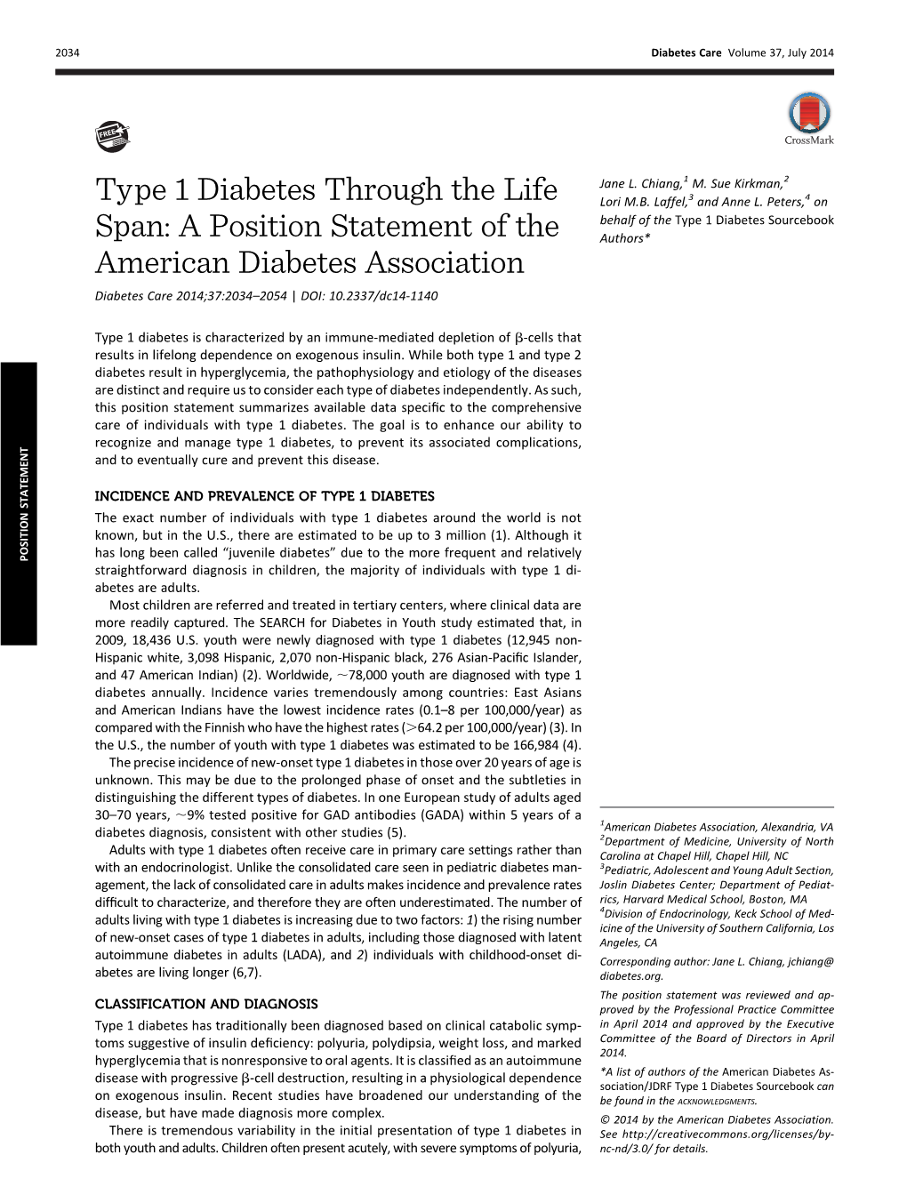 Type 1 Diabetes Through the Life Span: a Position Statement of the American Diabetes Association