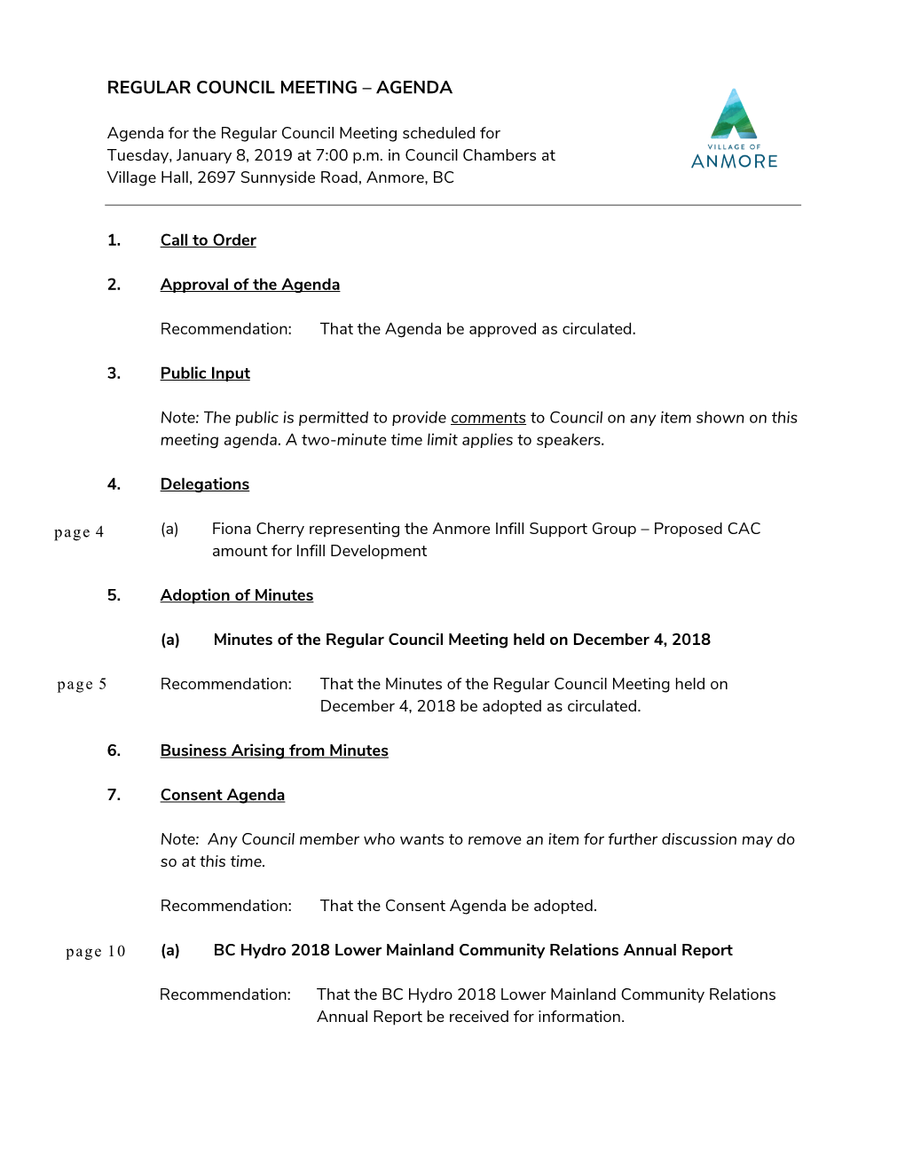 Regular Council Meeting – Agenda