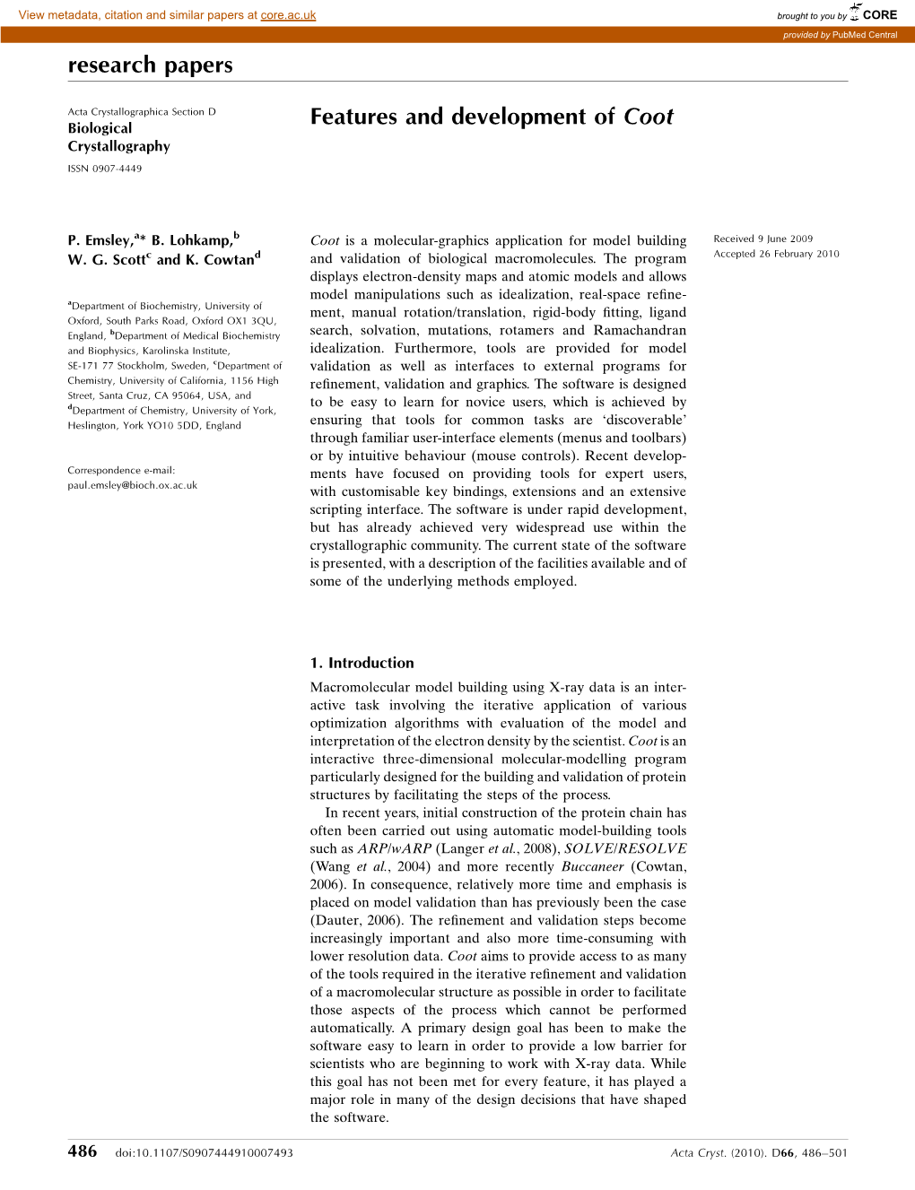 Features and Development of Coot Crystallography ISSN 0907-4449