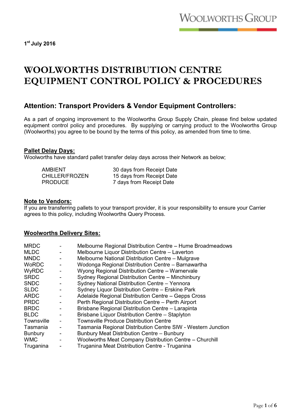 Woolworths Distribution Centre Equipment Control Policy & Procedures