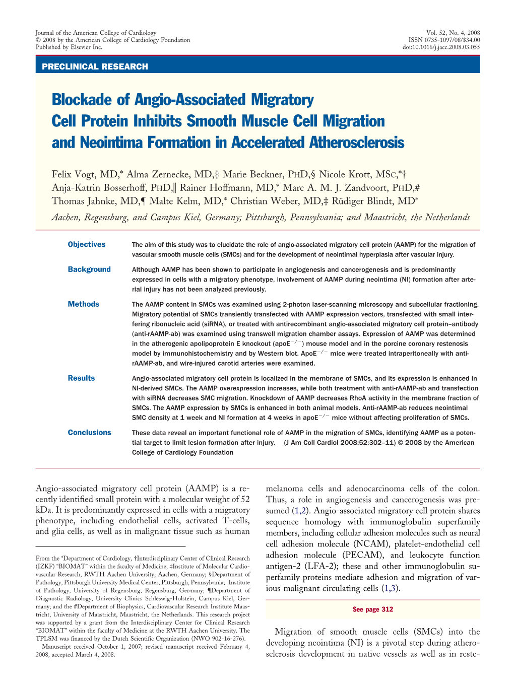 Blockade of Angio-Associated Migratory Cell Protein Inhibits Smooth Muscle Cell Migration and Neointima Formation in Accelerated Atherosclerosis