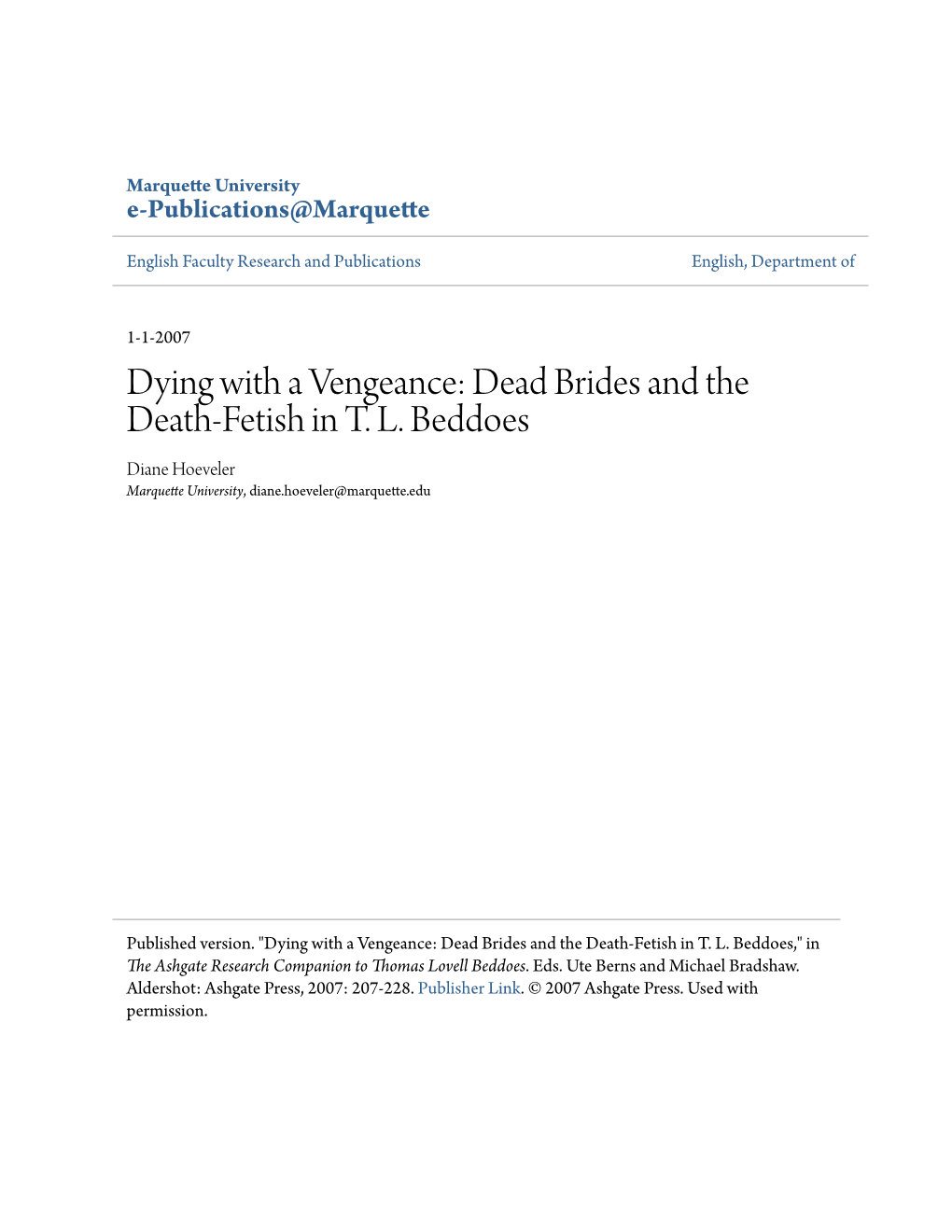 Dead Brides and the Death-Fetish in TL Beddoes