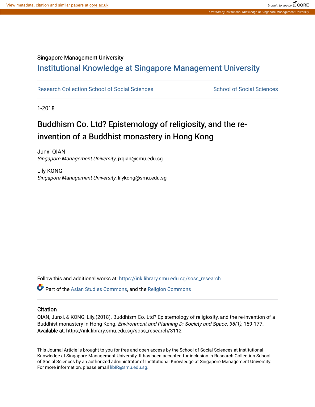 Buddhism Co. Ltd? Epistemology of Religiosity, and the Re-Invention of a Buddhist Monastery in Hong Kong