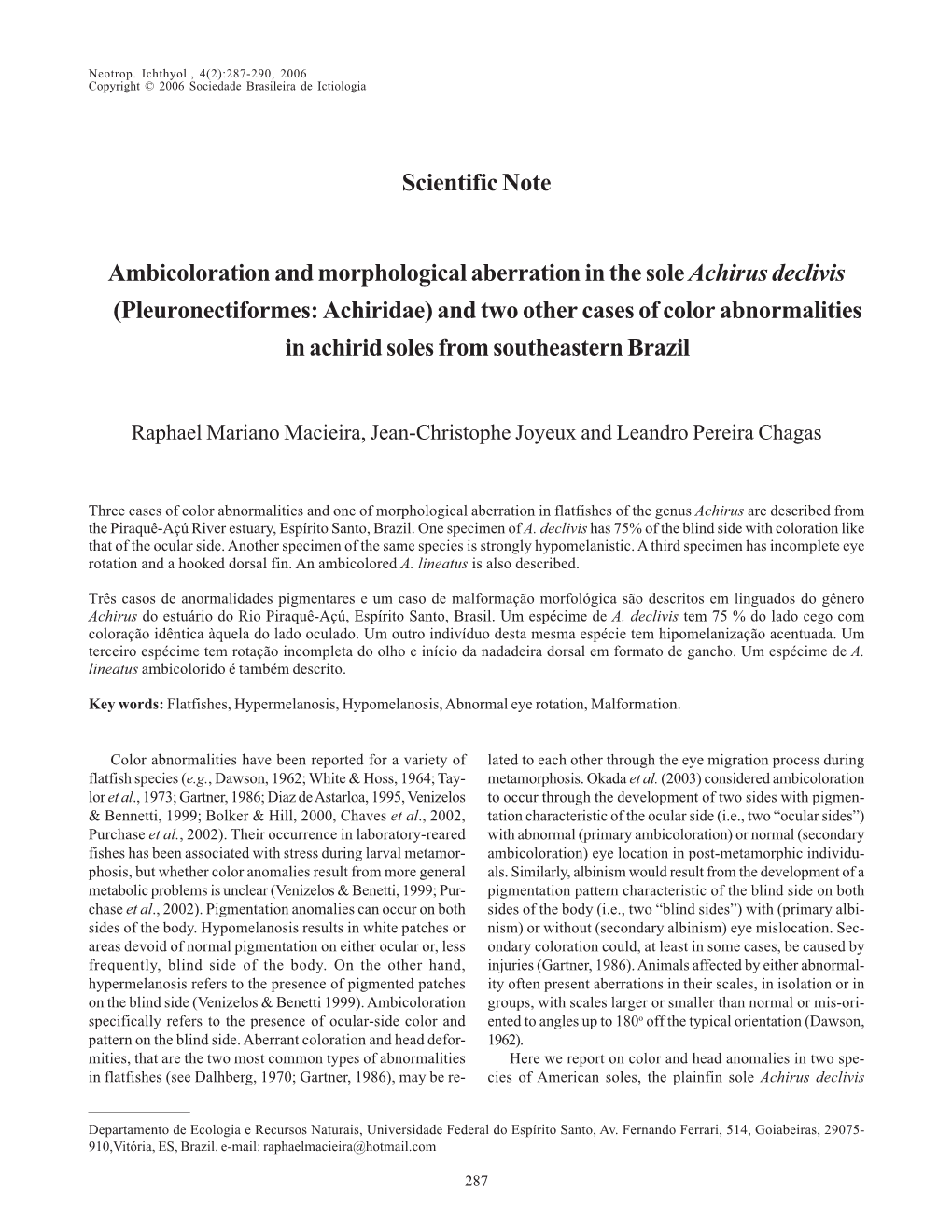 Pleuronectiformes: Achiridae) and Two Other Cases of Color Abnormalities in Achirid Soles from Southeastern Brazil