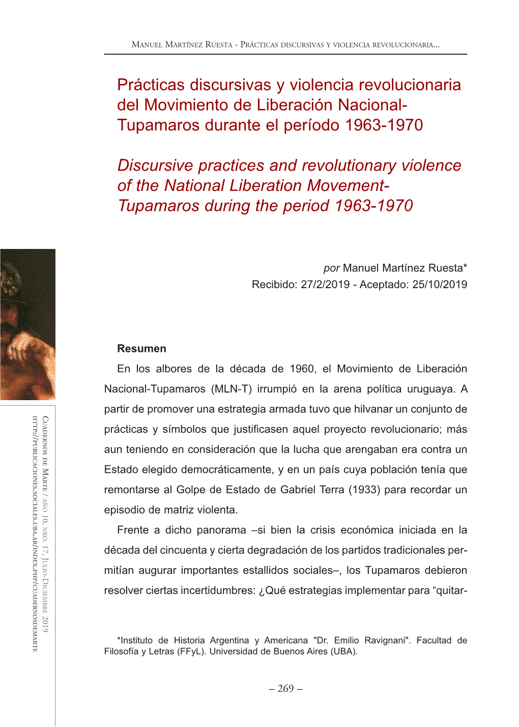 Prácticas Discursivas Y Violencia Revolucionaria Del Movimiento De Liberación Nacional- Tupamaros Durante El Período 1963-1970