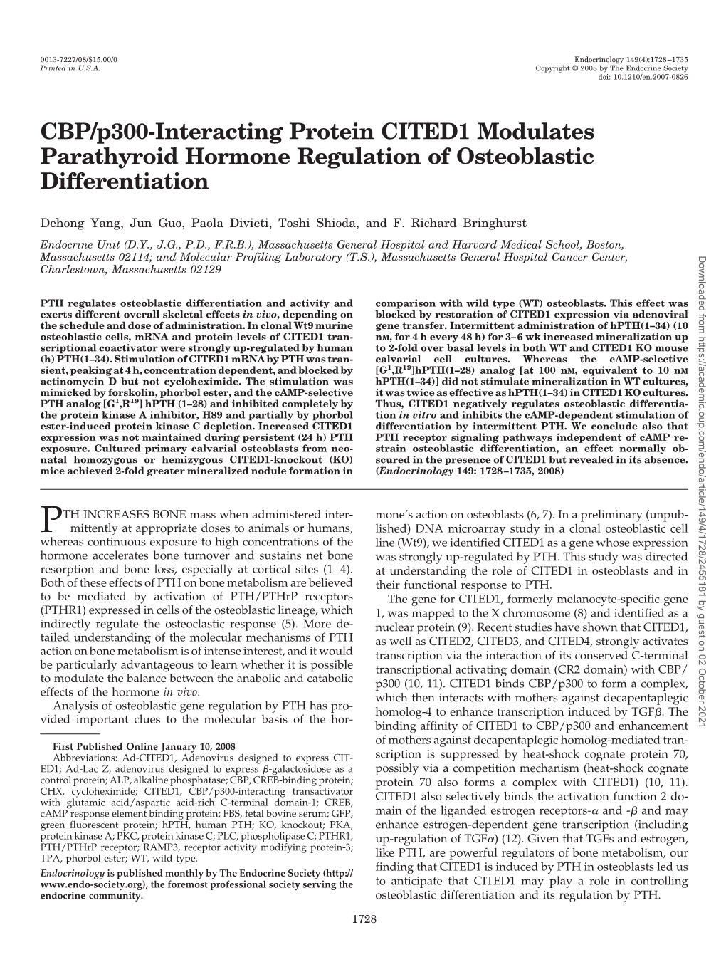 CBP/P300-Interacting Protein CITED1 Modulates Parathyroid Hormone Regulation of Osteoblastic Differentiation